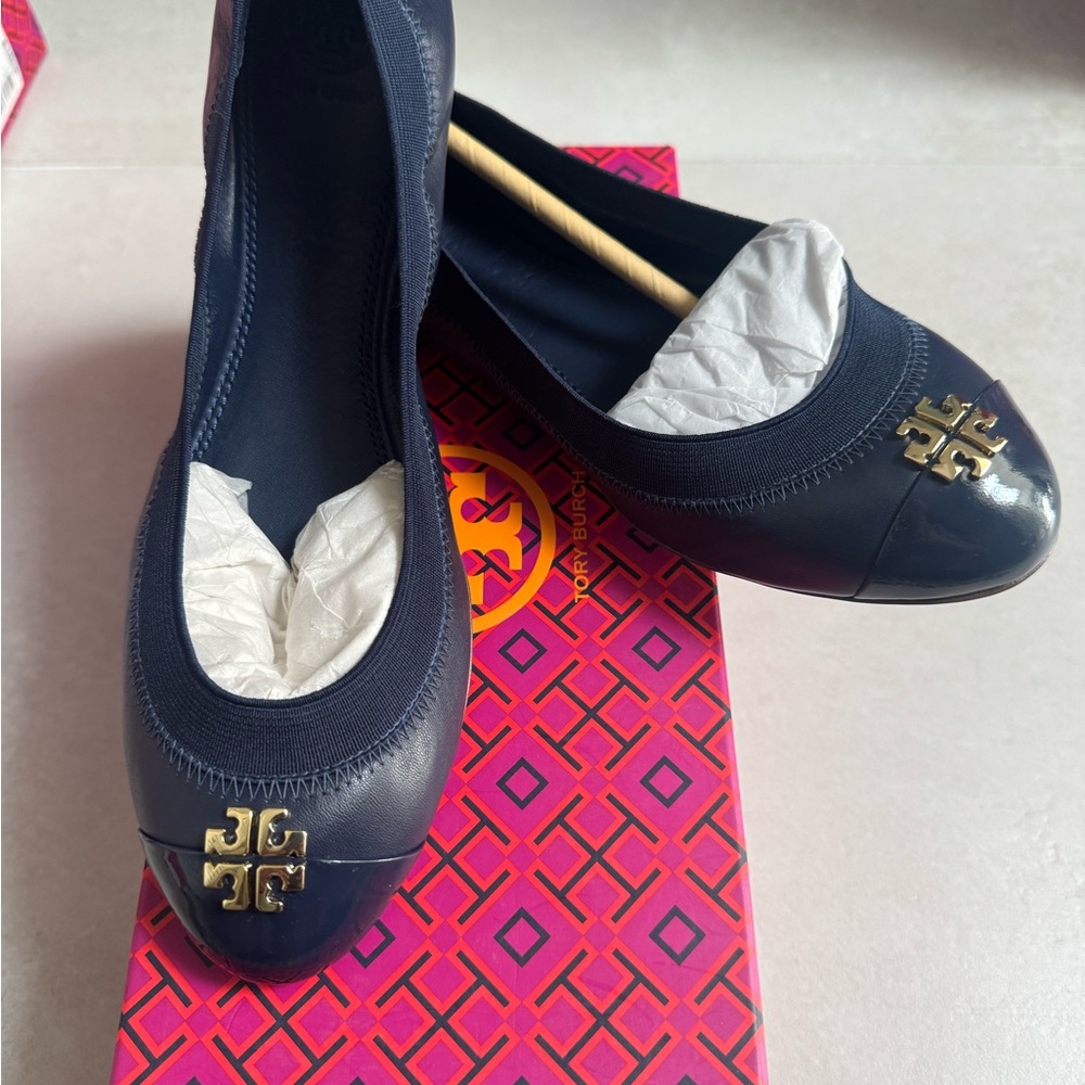 Tory Burch Jolie Ballet Dark Blue Flats with Gold Logo